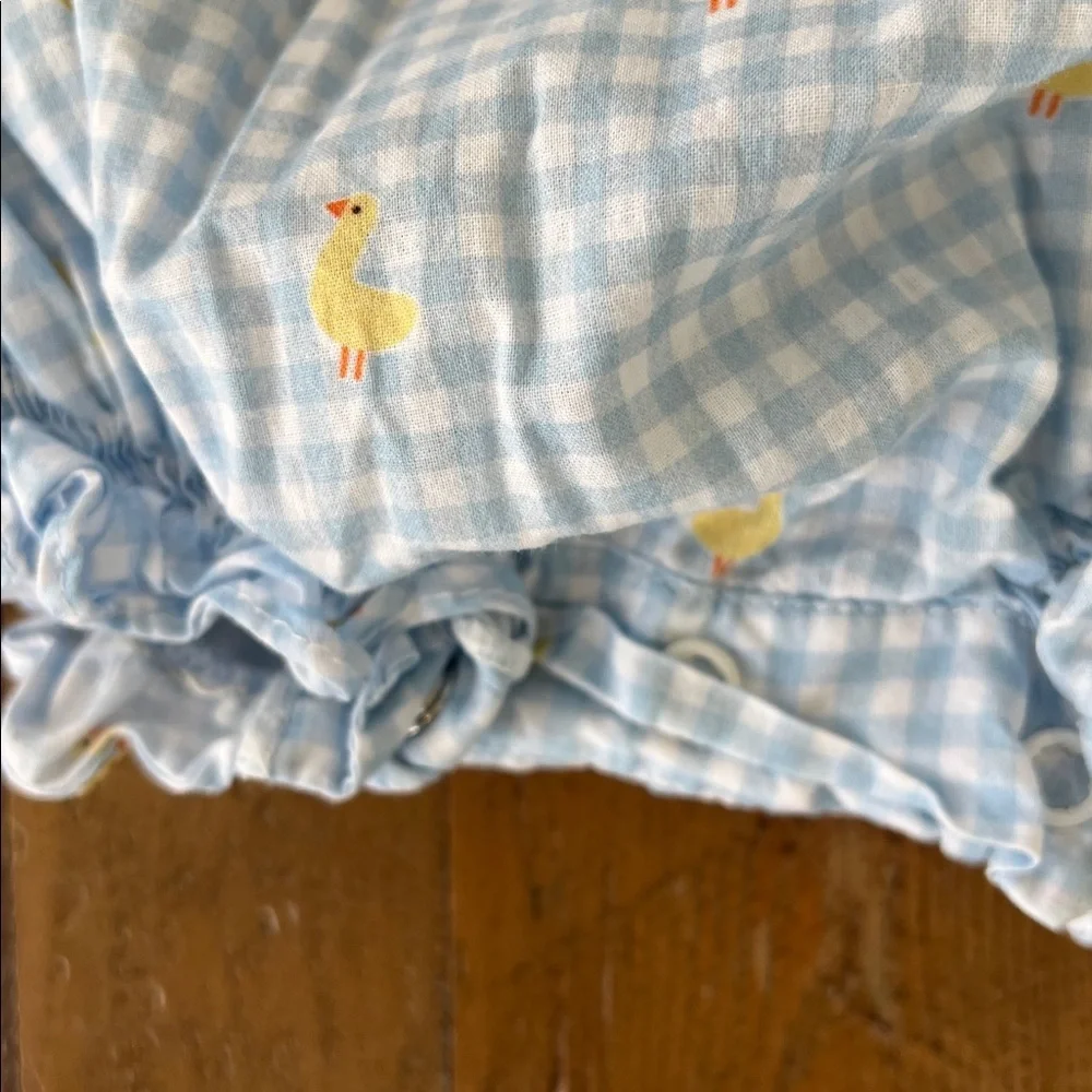 Sal & pimenta blue checkered duck print tie strap bubble romper 12 month smocked